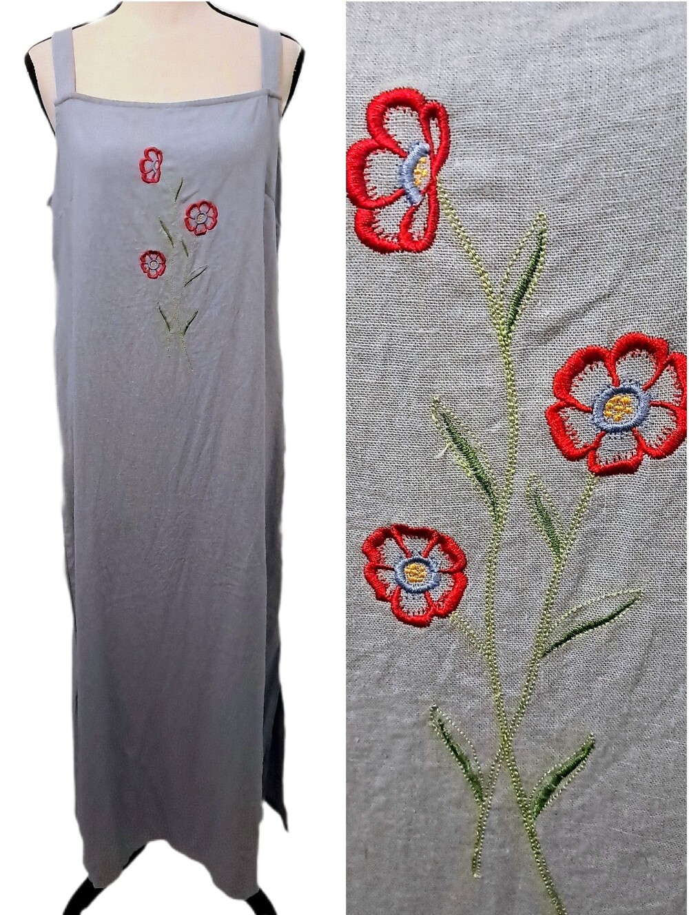 Vintage 90s Linen Studio Ease Gray Embroidered Floral Maxi Dress Cottagecore 12